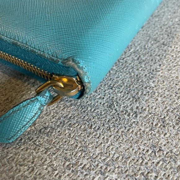 PRADA: Teal Blue Leather & Heritage Gold Logo Long Ziparound Wallet - Picture 6 of 11